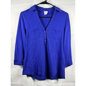 Chico's Women's Blue V Neck Button Up 3/4 Sleeve Size 0